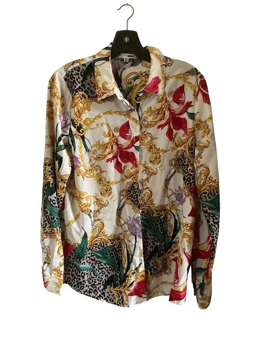 Printed Long-Sleeve Button-Up Blouse in White with Gold & Red Accents